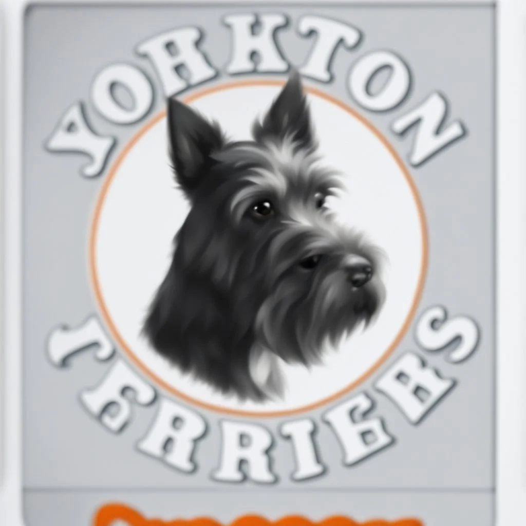 an orange circle containing a black and white image of a Scottish terrier