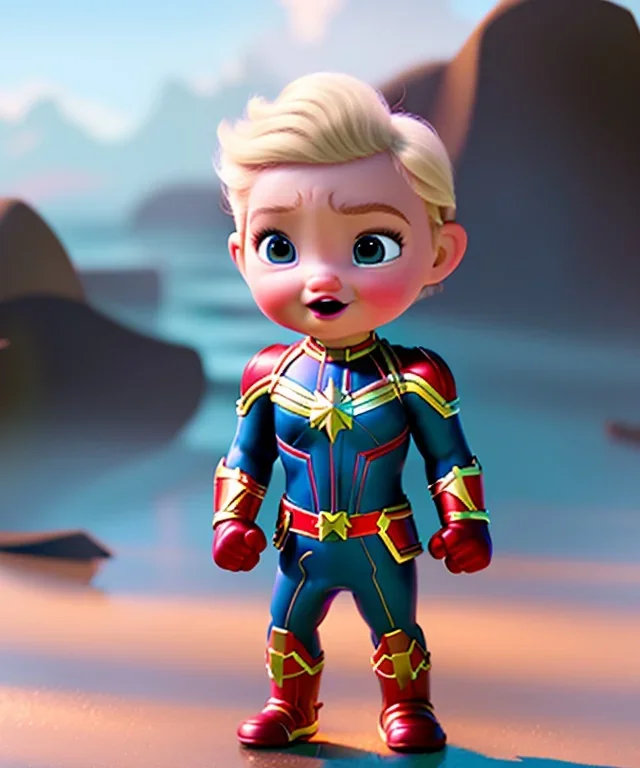 Baby captain marvel, full body, bokeh