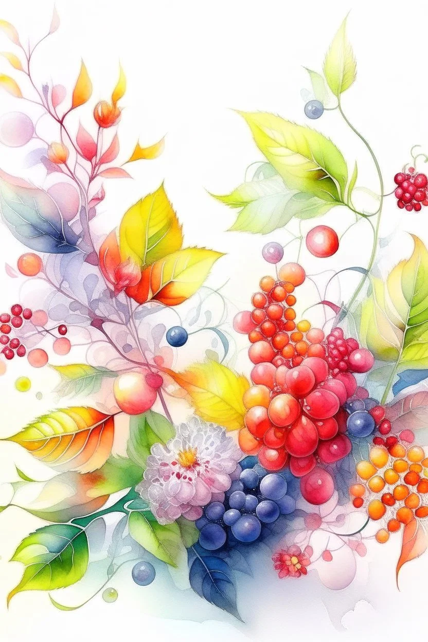 watercolor, photorealism, realistic flowers, leaves and berries, sunny, gloss, white background, pixel art, high detail, delicate sensuality, realistic, high quality, artwork, glitter, hyperdetalization, professional, filigree, transparent, delicate pastel tones, backlight, high detail, gradient texture