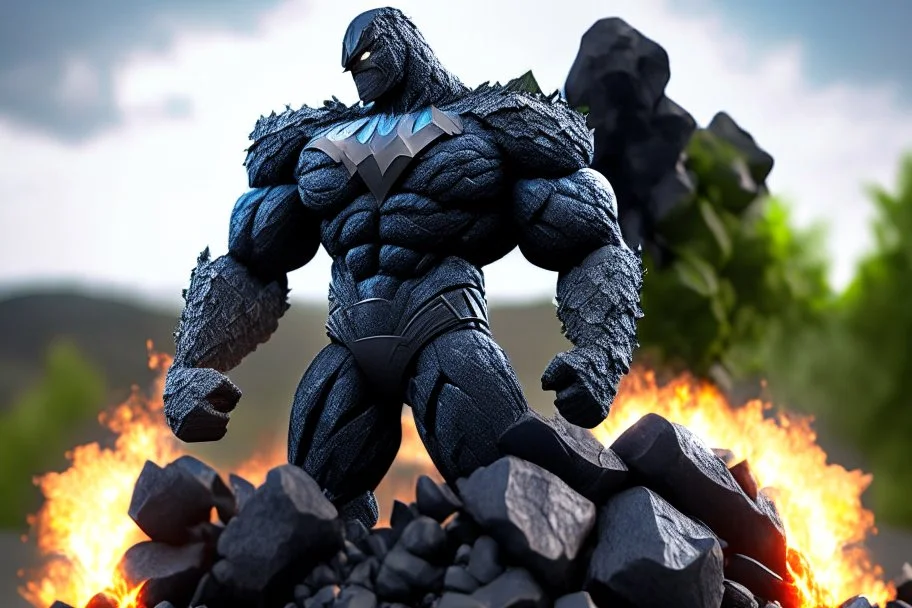 a rock superhero made out of biochar