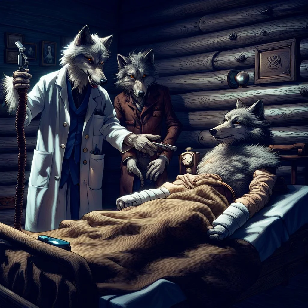 old anthropomorphic wolf doctor looking overseeing an dark brown anthropomorphic wolf lying down on a wooden bed and while another anthropomorphic wolf helps doctor in full bodyhair stands by bed care and bandages his arms and leg on bed. detailed, cinematic, sci-fi, fantasy atmosphere, in blur background gray log wall in wooden room.