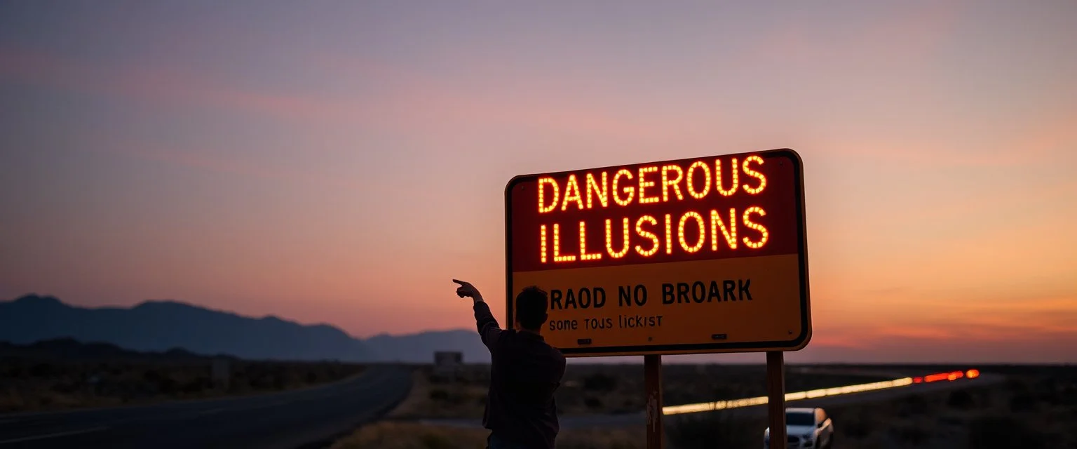 neon roadside sign warning about "dangerous illusions on road block" and artwork in the road, people pointing at the sign, it has some beautiful neon artwork