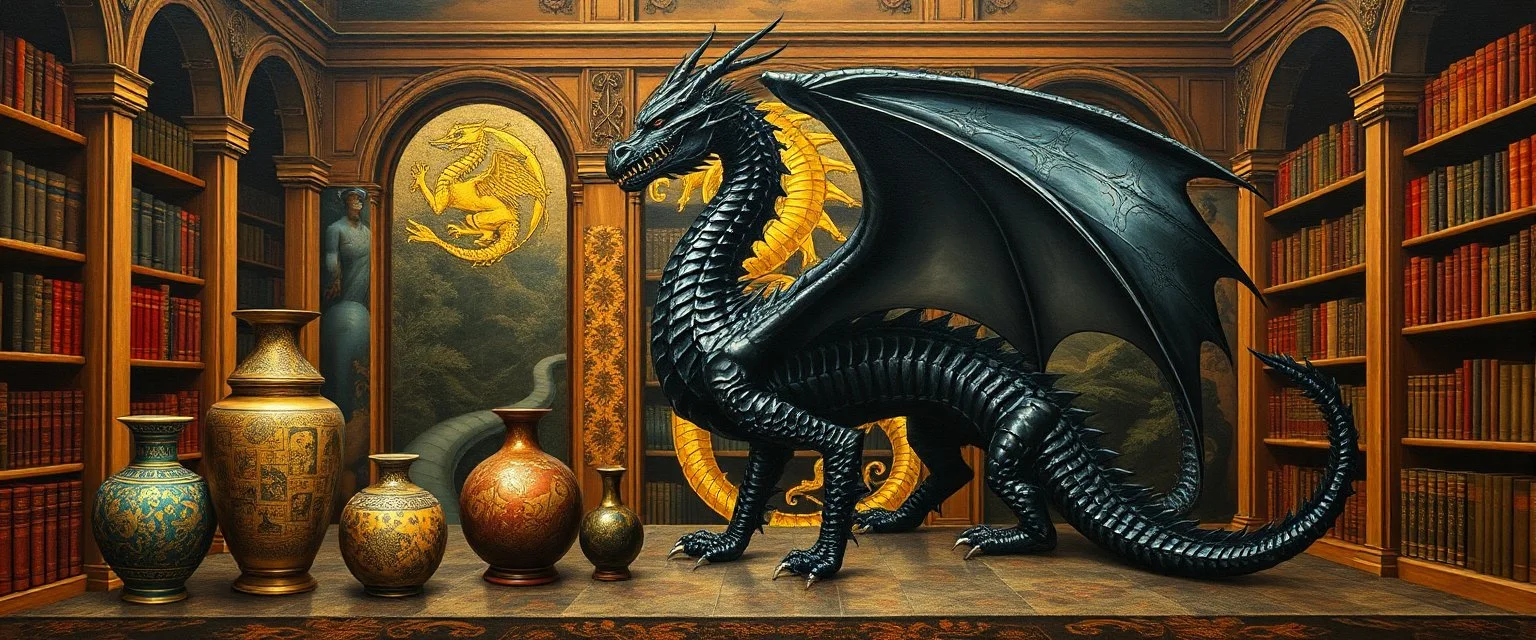 master oil painting by Escher and Giger, vases and black dragon and hidden golden dragon inside library