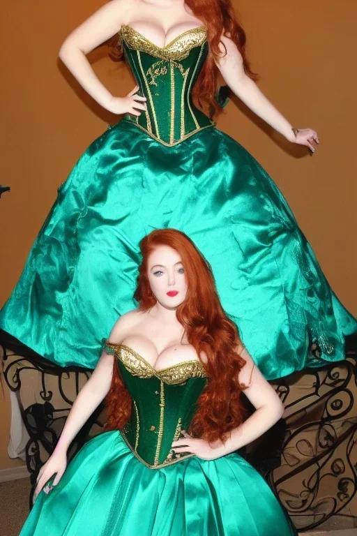 Busty princess full body with long auburn hair green eyes wearing a big dark teal green and gold satin ballgown corset off shoulder top at night