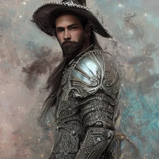 Insanely detailed photograph of an “portrait of Echo Knight ” with intricate half plate chest armor, intricate embroidered cowboy hat, handsomely clear face and hyperdetailed painting by Ismail Inceoglu Huang Guangjian and Dan Witz CGSociety ZBrush Central fantasy art album cover art,8K, hdr, romantic, mysterious, ominous, hands focused on a D20, jewelry, motivated