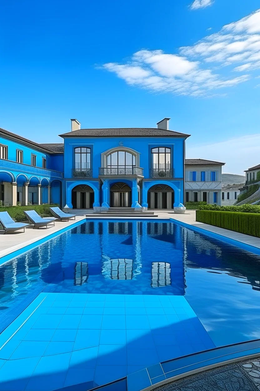 blue mansion with a huge infinity pool and lambergeany