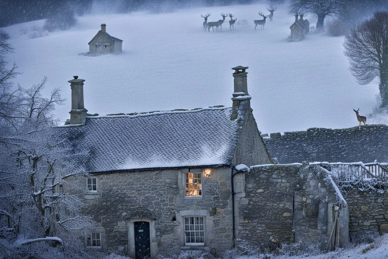 Snow falling heavily in the Cotswald area of England. A stone cottage with smoke coming out of the chimney. Surrounded by stone fences. In the background a startled group of deer look this way. A thick forest behind them.