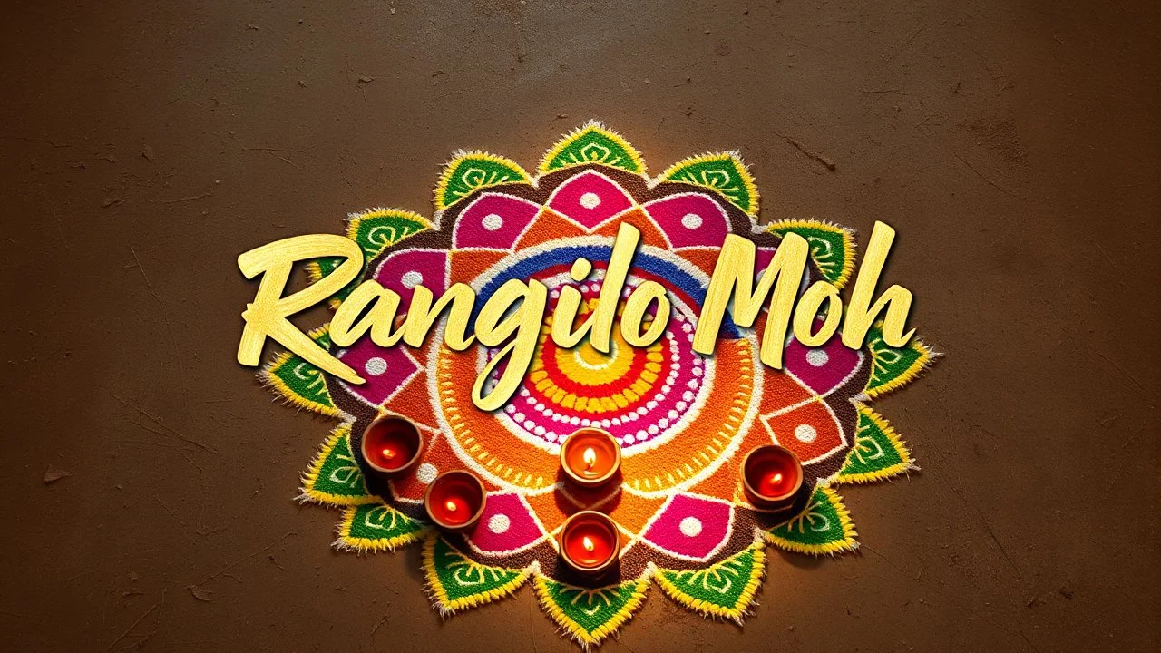 (top front center view of) Title Of the song "Rangilo Moh" written in abstract brush style font with golden color inside a colorful Rangoli on a earthy rustic floor-surface with six diya decorating the rangoli.