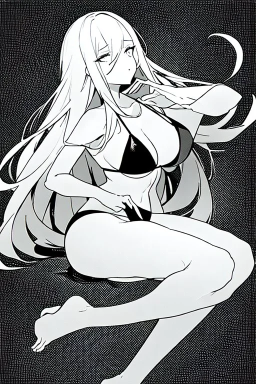 bikini long hair thin girl with leg in abyss pool, greyscale, sexy pose, screen tones