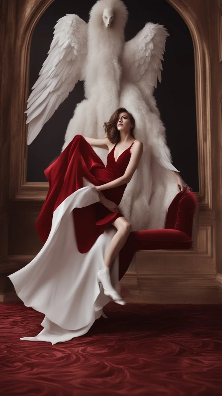 White wings, scissors, red dress on a luxurious velvet floor. Cinematic photo from above