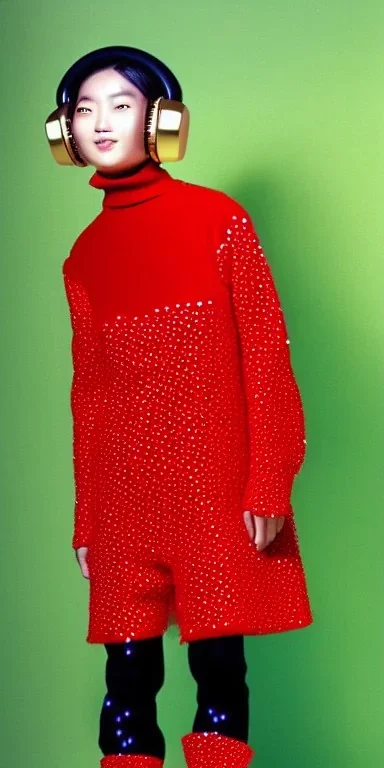 Photo Asian, thick thigh, thick calves. colors in 2023! Futurism, 90's, daft punk , turtle neck Printed Dots, plants.Mantle is sewed of recycled Denim and sewed together felt pieces and airy, big turtleneck.Big headphones, with gold rings, is merged with small felt cap with small visor. A bag is integrated to the mantle. Big camouflage Patterns are composed of orange, cream, cobalt blue, lilac and purple and warm colours. BAGGY LATEX. It is with big bright purple felt hood, tippet Apricot