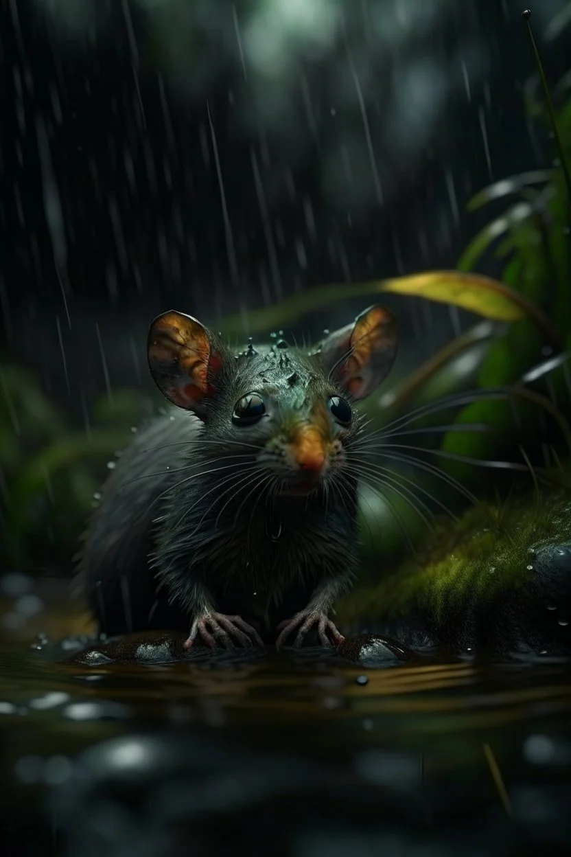 rat cat won the dark clouds, portrait in weird waterfall in moist swamp planet , photo-realistic, shot on Hasselblad h6d-400c, zeiss prime lens, bokeh like f/0.8, tilt-shift lens 8k, high detail, smooth render, down-light, unreal eng