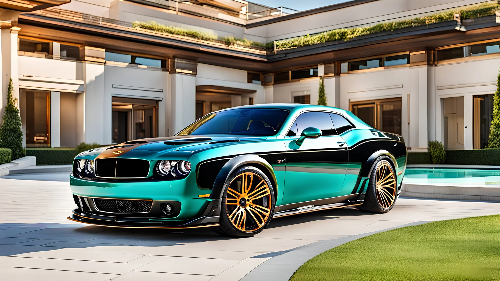 A (((Bentley Dodge Challenger))) featuring a luxurious interior, advanced technologies, and a sleek body kit designed by MANSORY, exuding an air of sophistication and power