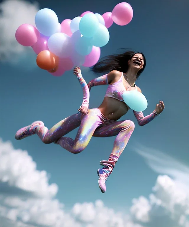 Ultra realistic speed clouds sky scene, wide angle view, sweet women falling down, feather inflatable color clothing, free jumping flying, many trinkets, hair monster, many jelly beans, balls, color smoke, smile, happy, circus style, extreme, wind, clouds sea, 20,000 feet altitude, stratosphere, soft color, highly detailed, unreal engine 5, ray tracing, RTX, lumen lighting, ultra detail, volumetric lighting, 3d, finely drawn, high definition, high resolution.