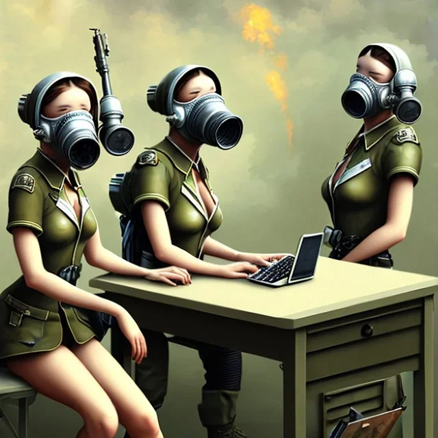 cute girls sitting at the computer in military gas masks. one of the girls is sticking out of the channel