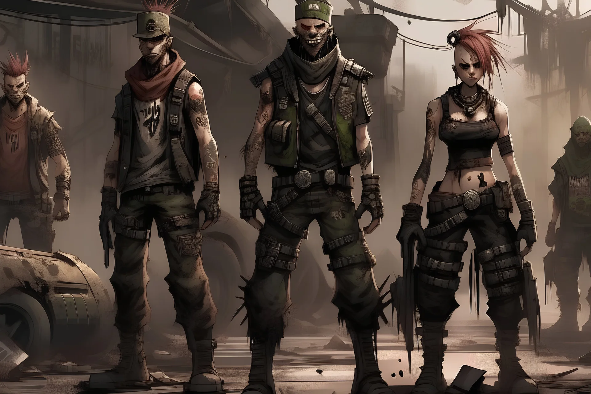 punk raiders, post-apocalyptic, concept art