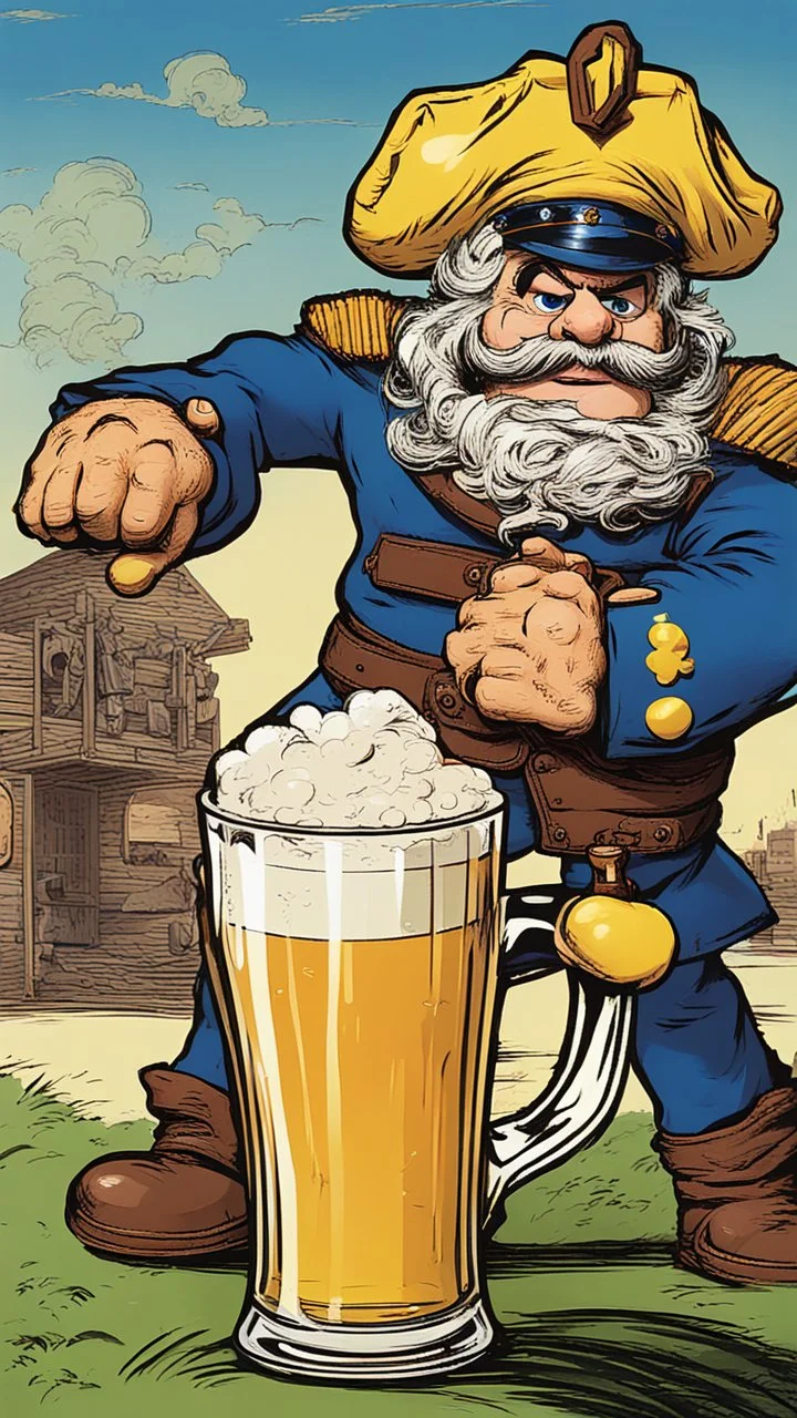 Captain Crunch holding a large glass beer mug