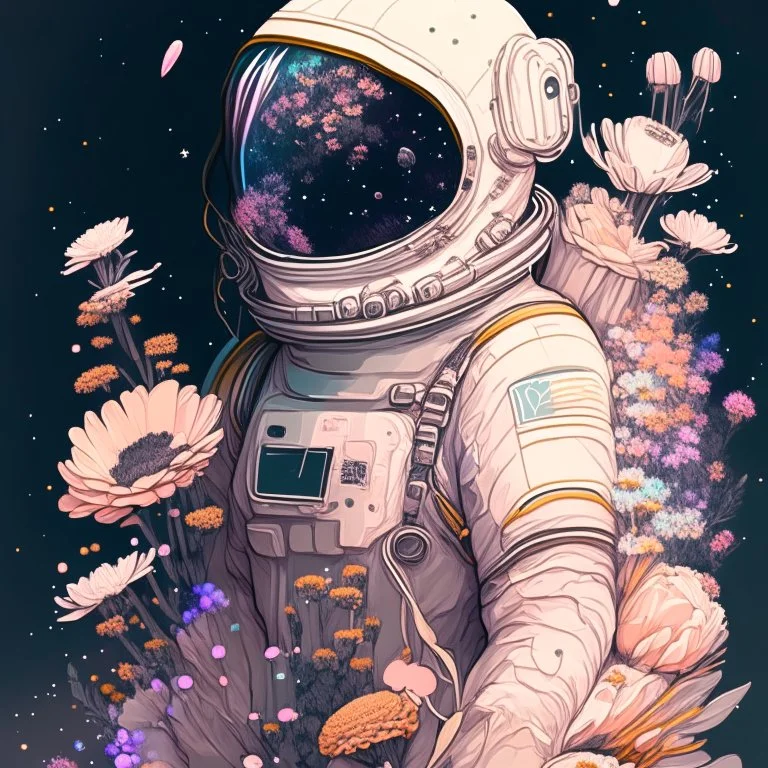 "floral astronaut" hand-drawn digital art, muted tones, flowers everywhere, REALISTIC, anime, 4k, colorful, galaxy