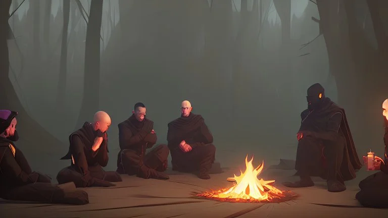 Black robed monks sitting around a fire in the forest