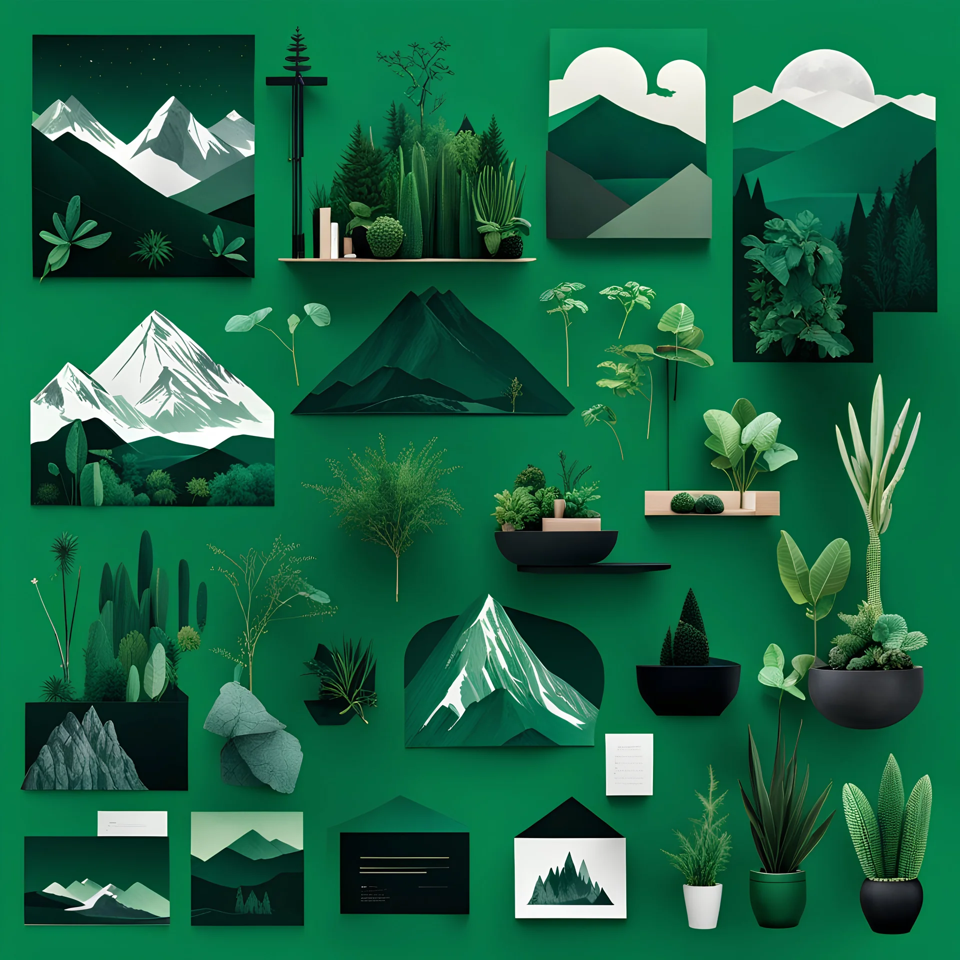 moodboard of dark green, with landscapes, objects, plants, and items