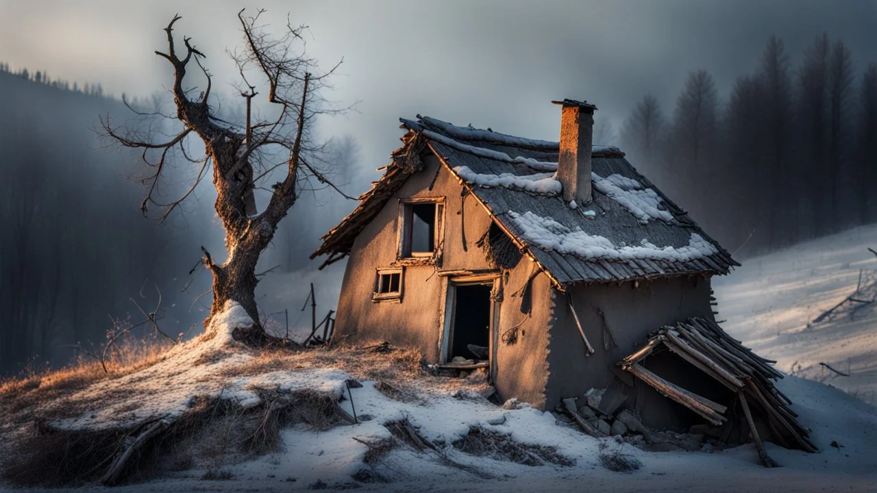 a lonely old adobe hut with worn adobe brown-gray wall and a small window, a crumbling roof, an old chimney stands on a hill, next to it is a small woodshed by the wall, and an old withered tree leans over the hut on thr old tree sitting a black crow, the hut stands on the edge of a European forest, winter, snowy landscape, low light, dawn, high detailed, sharp focus, high realistic, perfect photo