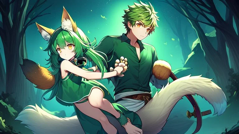 Girl, boy ,wolf muzzle, long green hair, green wolf ears,3 wolf tail, open navel, short blue shirt,animal tail, wolf paws hand, orange eyes, sword, animal fur on feet, night in forrest, wolf paws on feet