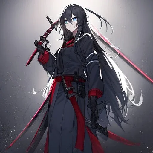 Clear focus, High resolution, long black fluffy hair, blue eyes, wearing a black sailor uniform, red tie, yandere, rough line sketch, dark aura, holding a katana, hair between eyes, 1girl, standing in grey sand, scary