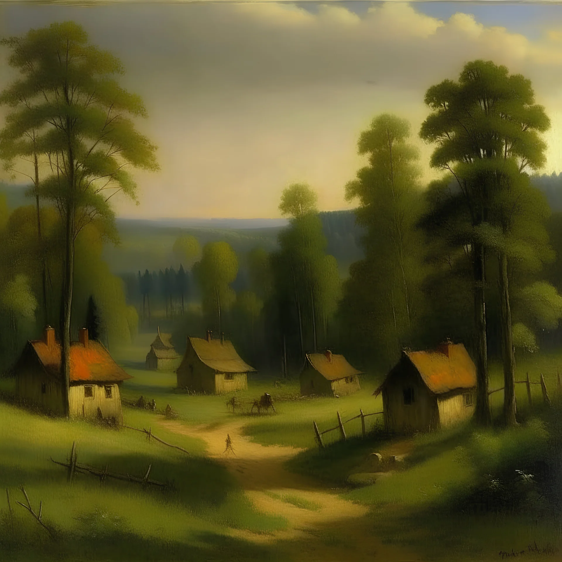 A village made out of wood near a forest painted by George Inness