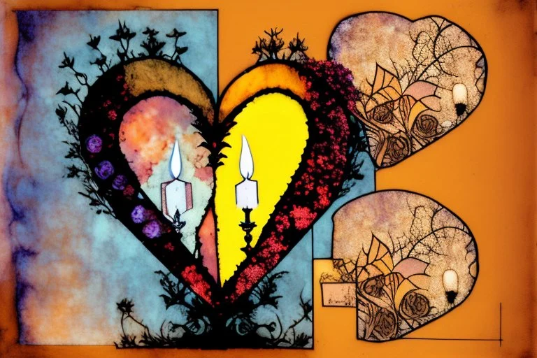 two flaming candles, heart and love caricature in ochre and hydrangeas, looking skyward in wonder, nostalgia, battery corrosion, starry sky, garden, Mercury Glass patina, topographic lines, Art Brut, moody, somber, desaturated colors, in the style of Paul Klee, Arthur Rackham double exposure waterfall, reflection, sunrise, Misty morning smooth intricate high definition beautiful lighting pencil sketch watercolor polished warm light