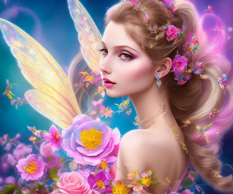 beautiful bright happy fairy portrait with long hair, thin face, two hands, two transparent wings in a pink,blue, yellow flowers background,