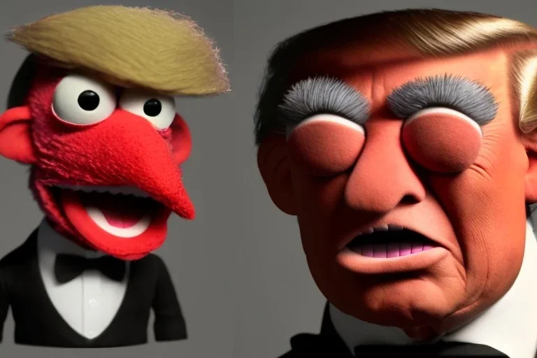 Angry muppet trump, in suit, eyebrows, spray tan