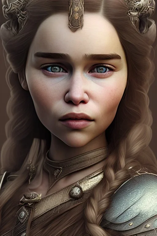 Perfect face Emilia clarke, viking clothes, highly detailed face, highly realistic, dragon, fire, particles