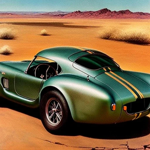 closeup of rusty shelby cobra, moss covered, desert, cracked dry lake bed, by Zdzislaw Beksinski, Norman Rockwell, highly detailed, soft lighting, 8k resolution, oil on canvas