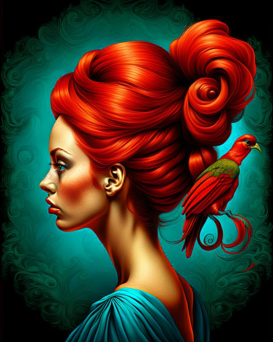 Create an image of a woman in profile view with vibrant red hair styled in an elaborate updo. On top of the hair, place a bright red cardinal bird perched gracefully. The background should be a textured teal color that provides a contrast to the warm tones of the hair and bird, enhancing the overall artistic appeal of the composition.