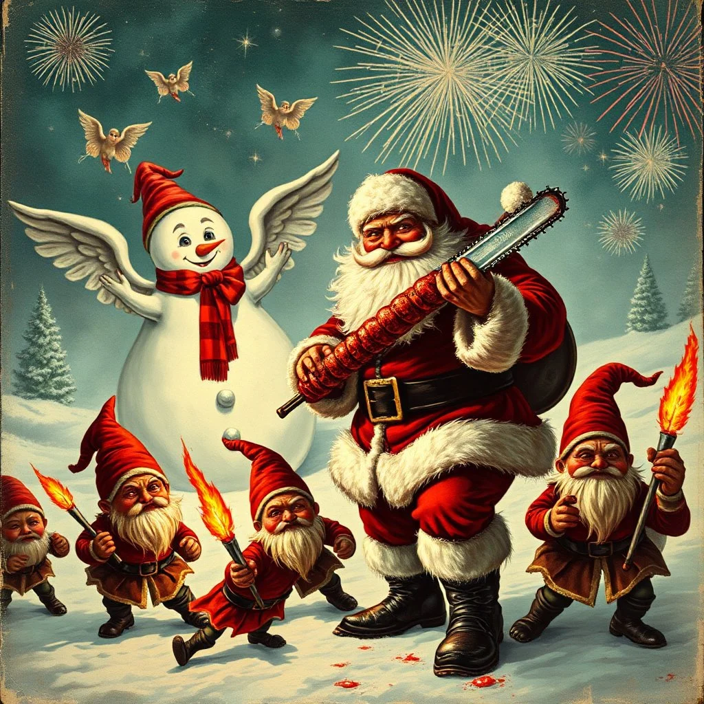 there is no kebabs at christmas, evil Santa, evil gnomes running around, staring flaming eyes, evil Rudolf, very big evil melting angry Frosty the snowman in background, kebabs and kebab, 1940 christmas postcard, blood stains, Flying angel Cherubs, Santa holding a chainsaw, fireworks