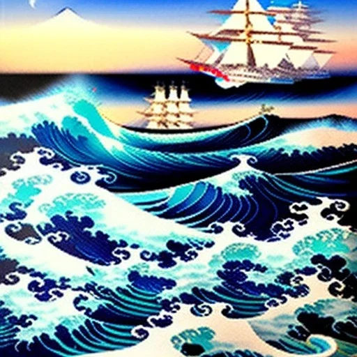 kanagawas wave with Ships in the background by Hokusai, origami style, paper cut style