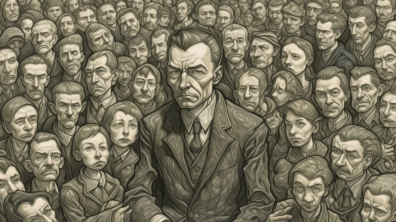 DRAWING WITH a high level of detail and a markedly expressionistic style. The drawing depicts a chaotic, crowded scene of numerous figures engaged in various activities. The central figure, a stern-faced man, stands in the middle, surrounded by a sea of ​​people. He is dressed in a dark suit and his stance is authoritative, with his hands clasped in front of him. The background is filled with a multitude of figures, each depicted with exaggerated facial expressions and postures. Some are engaged