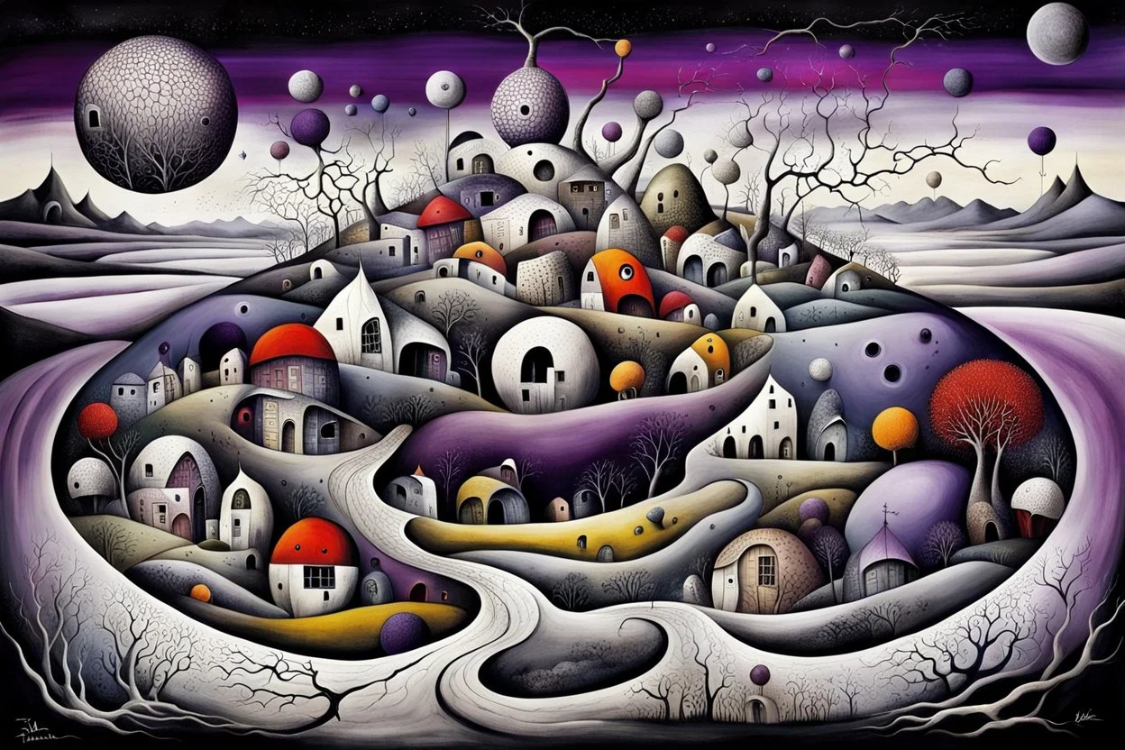 whimsical, weird ball-like houses stand in village in weird whimsical landscape, futur-surreal vibe with abstractions, around surreal cracked painted weird land with dark purple, gray, black, white, brown, and deep colors. style of Chagall , of Minjae Lee and Tim Burton, absurd beauty picture. weird bizarre absurd, nightmare, big neuron network background and thin bridges, surreal cinematic vibe