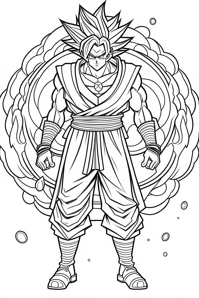 outline art An evolved Goku.Naruto.cinematic lighting, high resolution 3D render art coloring pages with witch, white background, Sketch style, full body, use outline, Mandala style, clean line art, white background, no shadows and clear and well