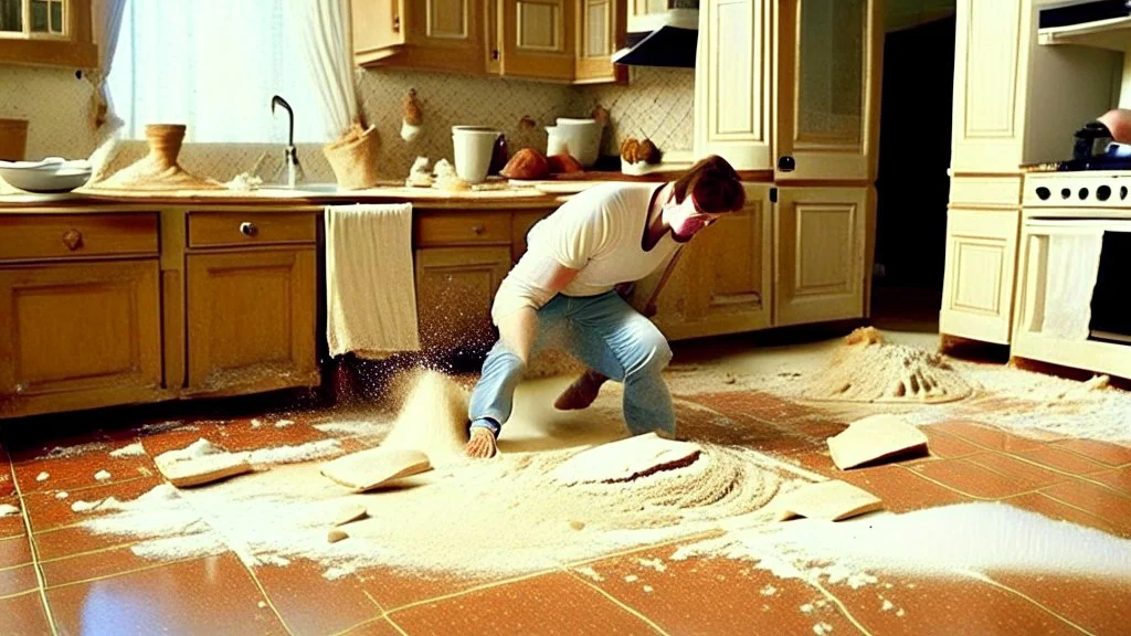 husband meekly pours baking flour all over the the floors and throw rug looking for make believe invisible tabletops