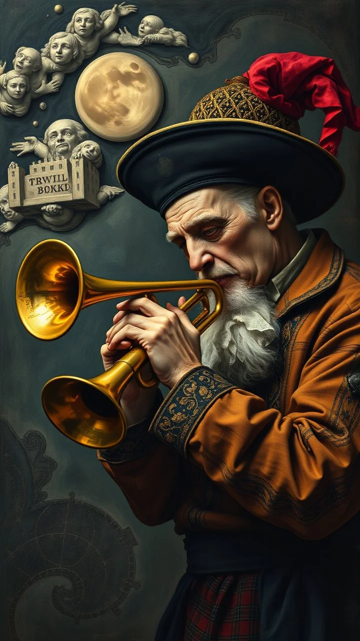 Hieronymus Bosch style , a bold man playing the trumpet