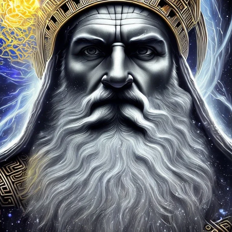 photo realistic, symetrical, centered, ultra detailed, digital art, in center is a portrait of highly detailed greek colossus god zeus surrounded by galaxy codes seeking knowledge, gray beard, crown filled with crystals, detailed face with human skin color, eyes filled with galaxy, dominating colors = gray light blue and dark gold, lightning, smoke,