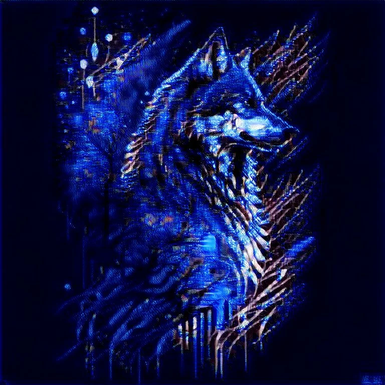 anthropomorphic wolf full body art illustration black background red, blue and white color full body