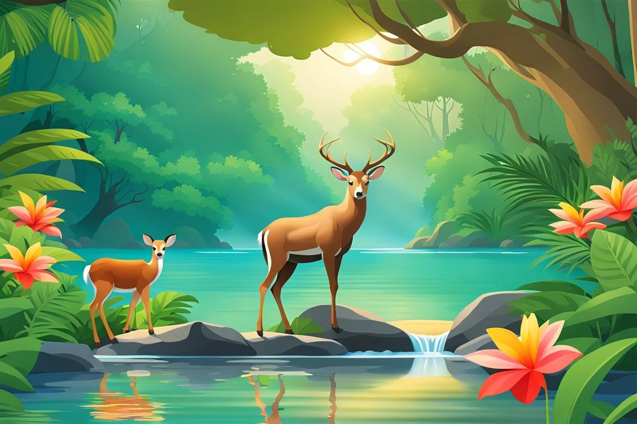 Create a realistic picture of a jungle with vibrant flowers and towering trees. Include beautiful animals like colorful birds, playful monkeys, and graceful deer. Add a winding river with crystal-clear, wavy water flowing gently over smooth rocks on the riverbed and a very beautiful girl standing in river. Let the sunlight filter through the canopy, casting a warm glow on this serene and enchanting landscape.