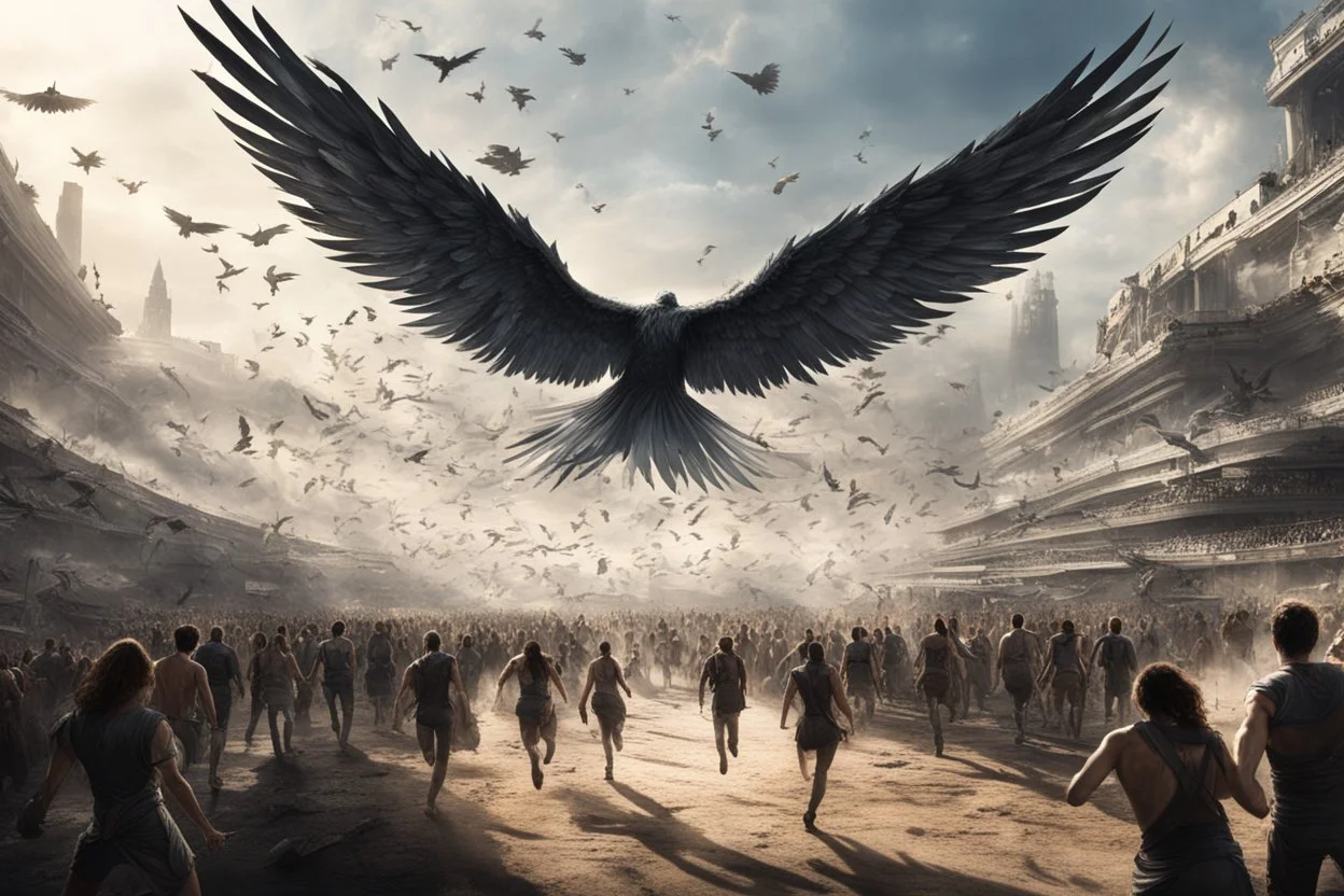 View of a modern Elysium with winged females flying over people running away in fear