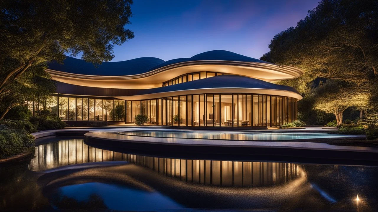 2084, delightful, sensitive, confident, undulating sinusoidal mansion with pointed hyperbolic roofs, delicate, night, darkness, water features, exquisite architecture, innovative design, award-winning photograph, beautiful composition, filled with beautiful detail, delicate colour, chiaroscuro