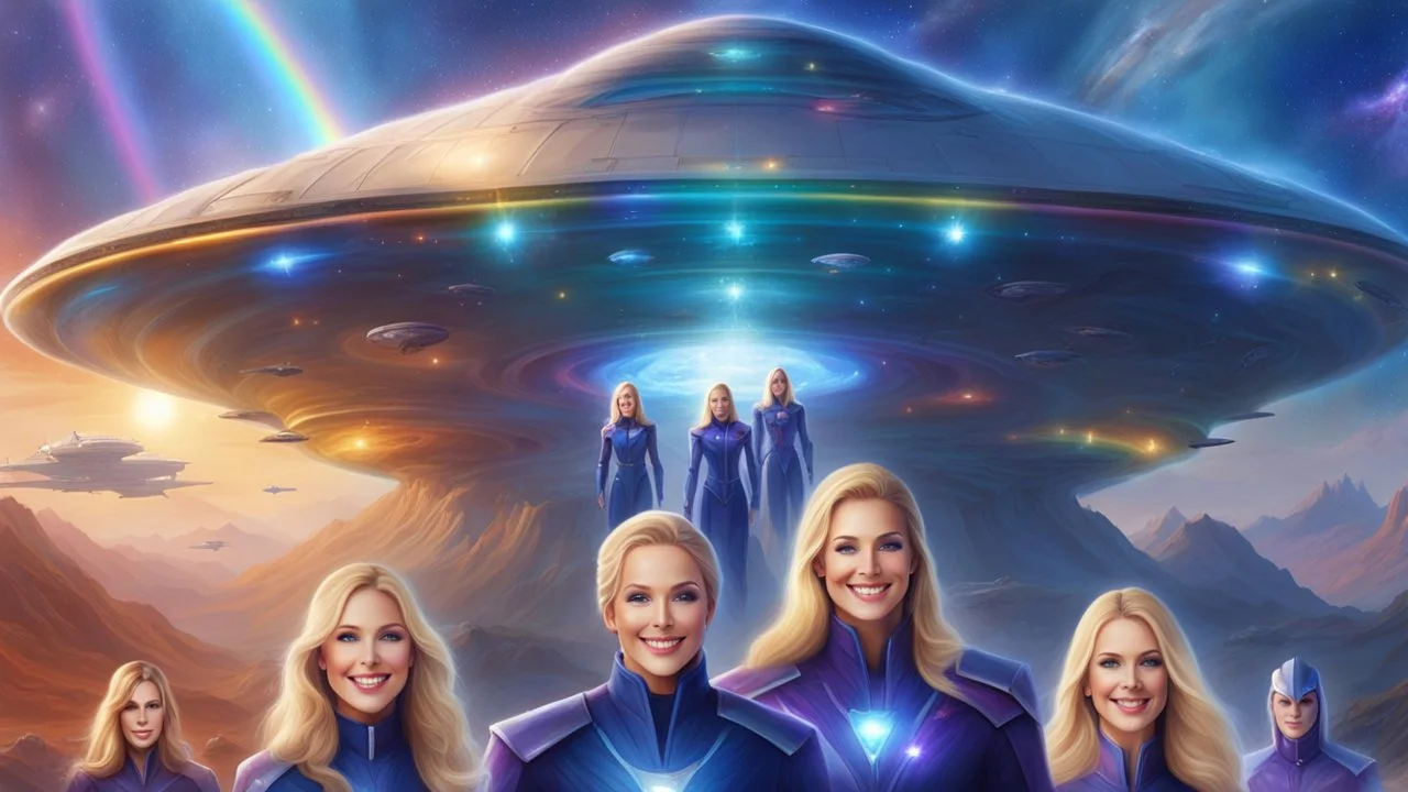 ufos rainbows,beautifuls paysages, fantastic colours,cosmic woman ,beautiful ufos rainbow, admiral from the future, galactic confédération, fine whole face, crystalline skin, expressive purple eyes,rainbow, smiling lips, very nice smile, costume pleiadian, Beautiful tall woman pleiadian Galactic commander, ship, perfect datailed golden galactic suit, high rank, long blond hair, hand whit five perfect detailed finger, amazing big puple eyes, mouth, high définition lips, cosmic happiness, bright