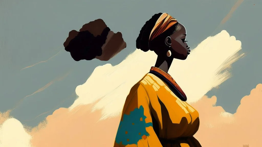 Design, African woman, oil painting, featureless, graphic, drawing without facial features, background, sky, traditional clothes, cartoon, looking left