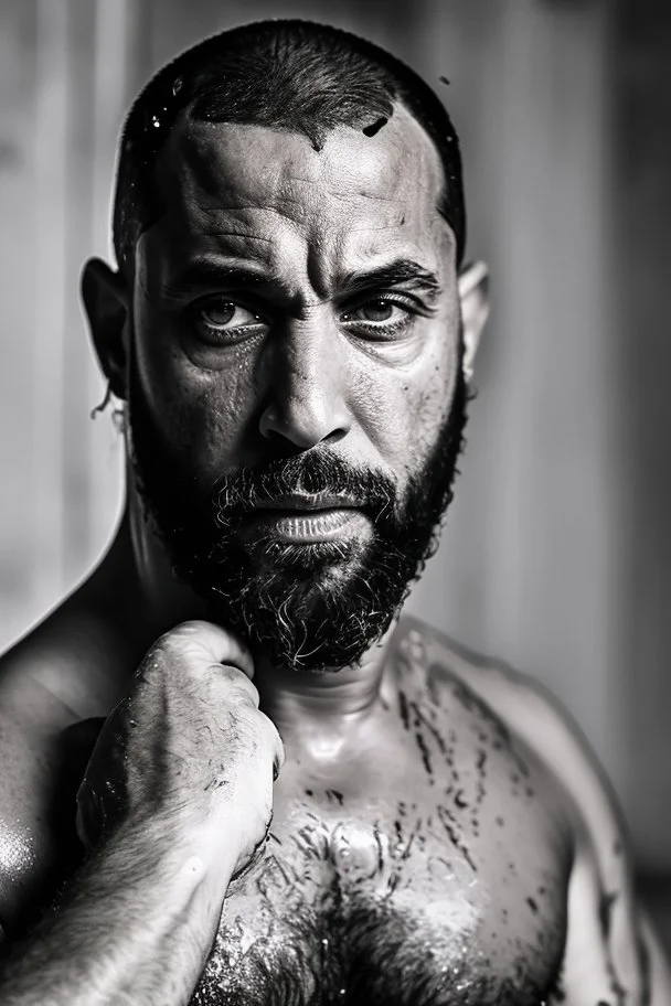 full figure shot 48 years old puertorican carpenter man hands behind the head , in an abandoned warehouse, serious, bearded burly chubby , serious eyes, shirtless under the shower, wet, dripping water, manly torso, photorealistic, 50mm photo, ambient occlusion , side view from the ground