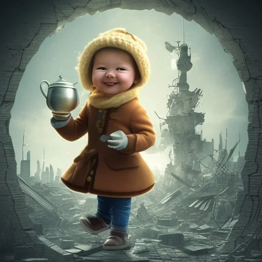 A teapot is shining and a laughing child is looking at it. The child’s image is reflected inside the teapot and behind the child is the reflection of a destroyed city.